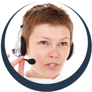 a cropped circle with a woman talking into a headset
